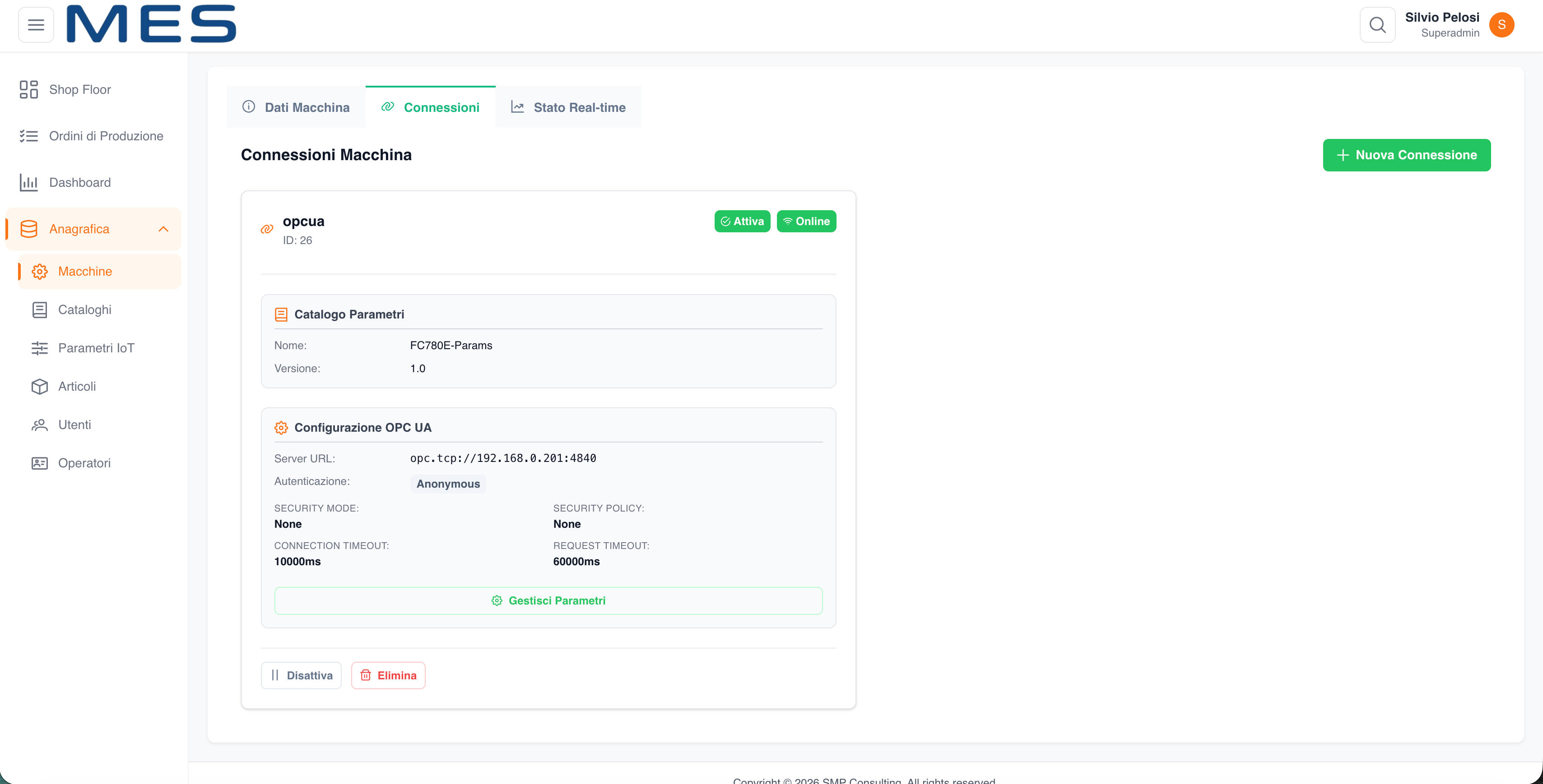 Light-MES Discreto, configurazione della connessione OPC UA di una macchina e catalogo dei parametri